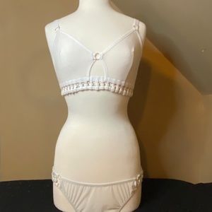White Mesh See-Through Bra 38B with Matching L Panties Both w/ Gold round rings